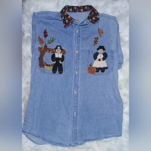 Blue Denim Shirt with Fall Embroidery
